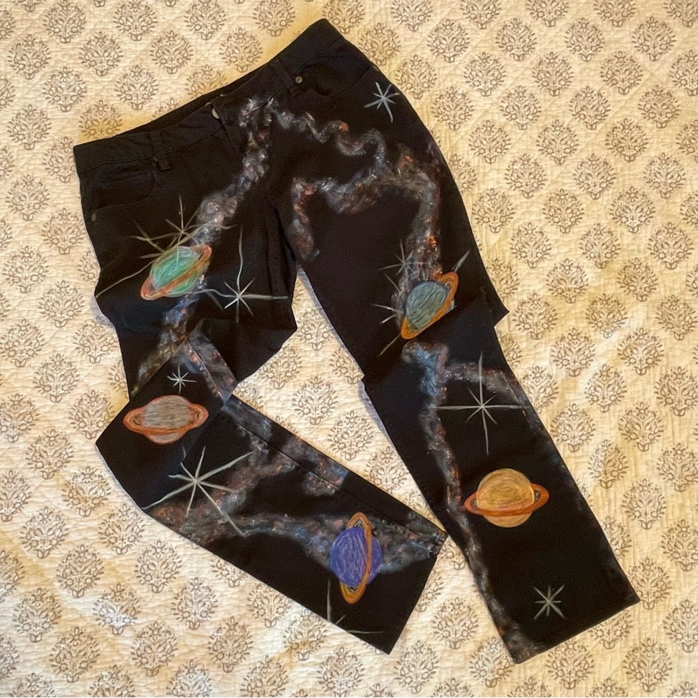 Hand Painted Black Jeans with Vibrant Planets and Stars Design OOAK Size 9 - Picture 9 of 14